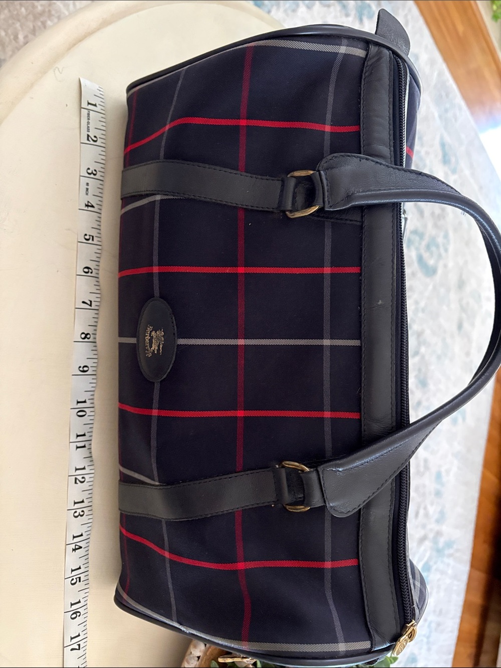 Vintage Burberry’s Navy Plaid Satchel with Burberry’s Scarf Accent-London - Picture 11 of 15